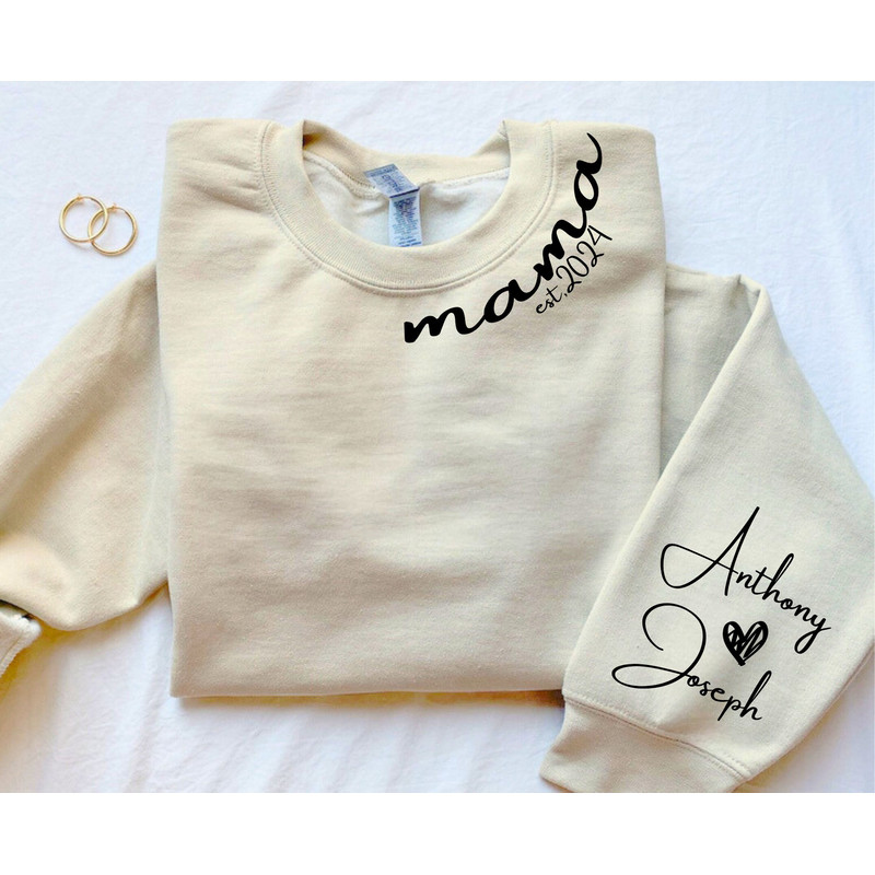 Personalized Mama Sweatshirt With Kids Name On Sleeve, Minimalist Neckline Sweater, Custom Est Date Mom Hoodie, Mothers Day Gift For Mommy.jpg