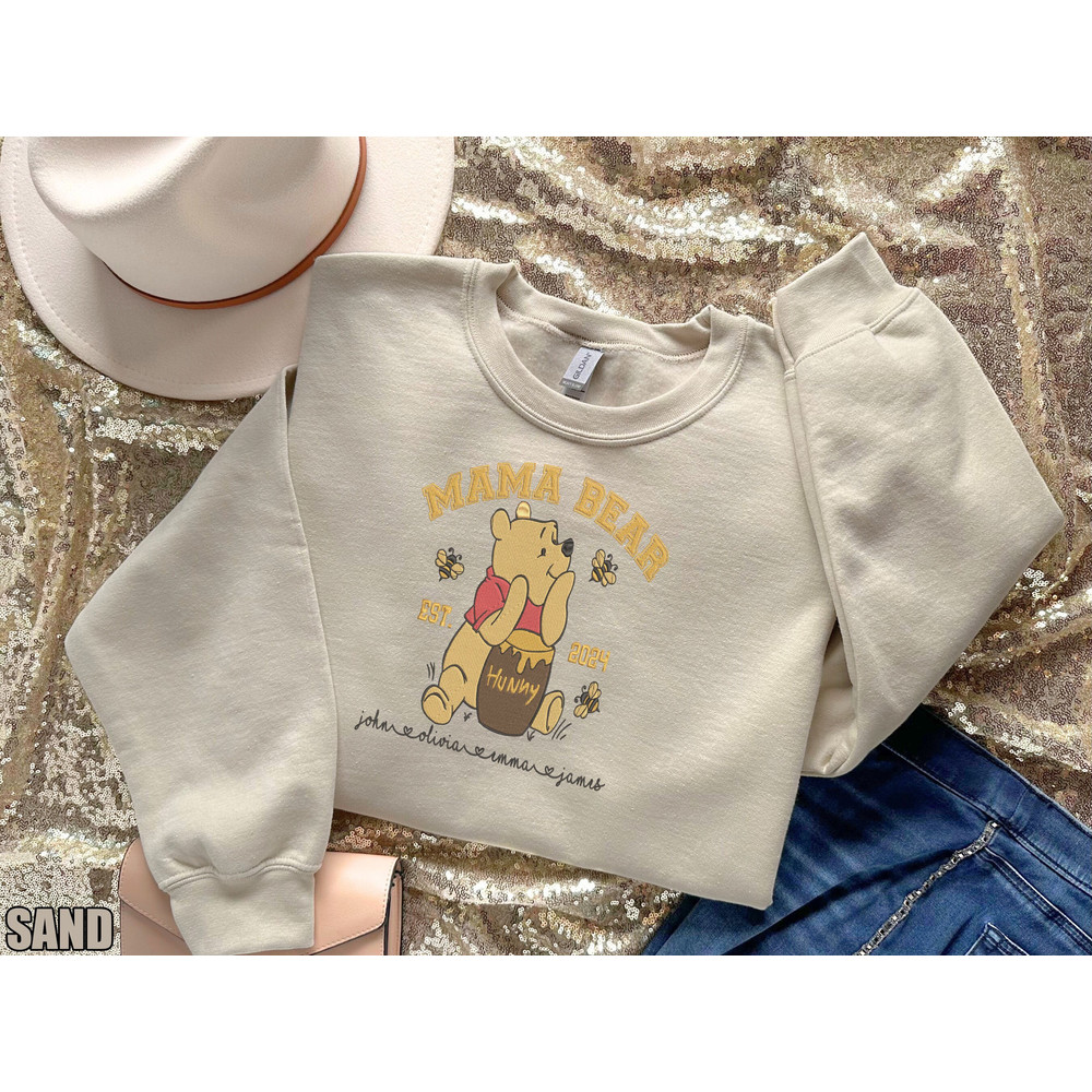 Custom Mama Bear Embroidered Sweatshirt, Pooh Mama with Kids Names Shirt, New Mama Est 2024 shirt, Winnie the Pooh Mom Tee, Pooh Honey Pot.jpg