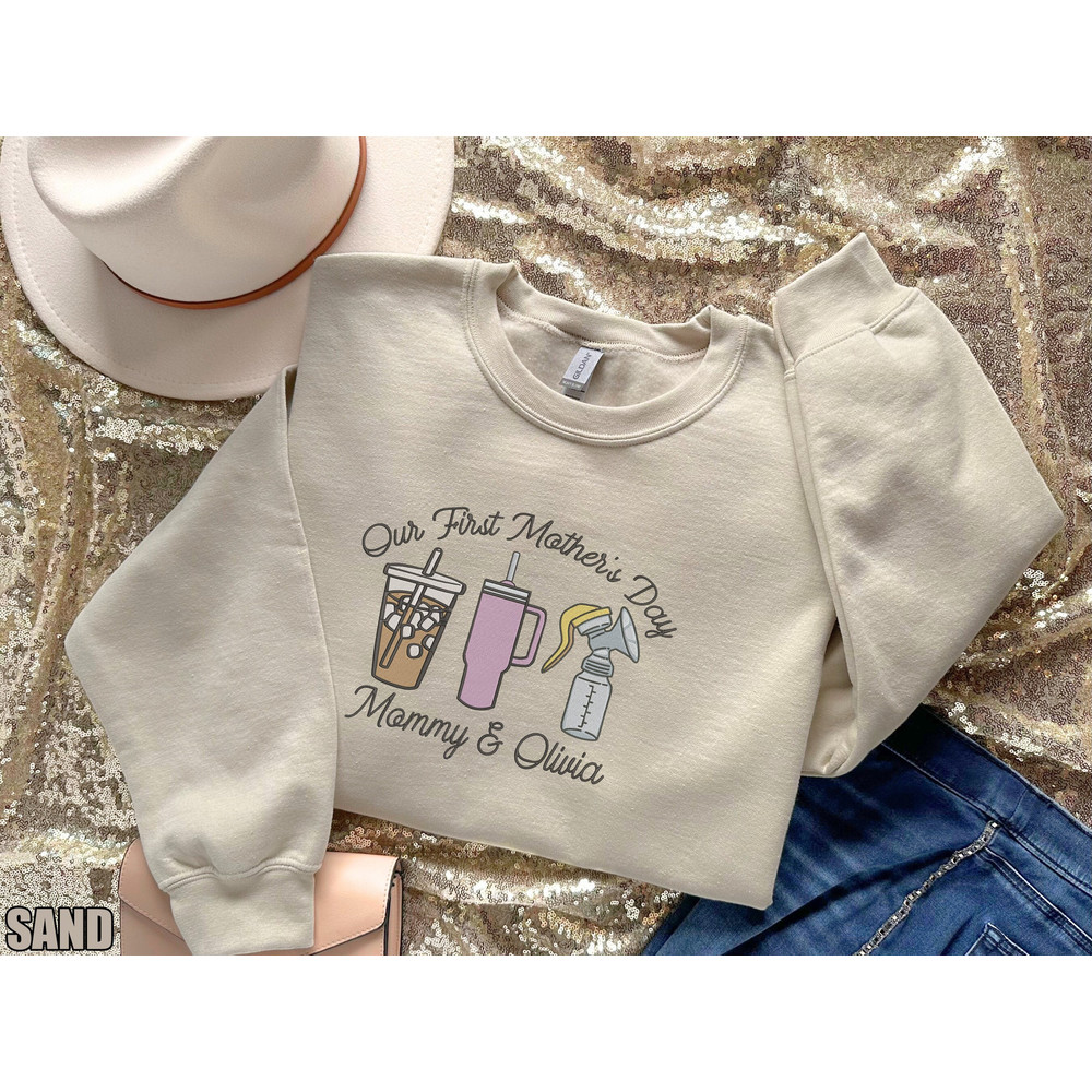 Custom Our First Mothers Day Breastfeeding Embroidered Sweatshirt, Pumping Mama Trio Shirt, Funny New Mom shirt, Breastfeed Nursing Tee.jpg