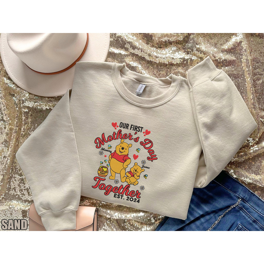 Custom Our First Mothers Day Together Embroidered Sweatshirt, Winnie the Pooh Mom and Baby Shirt, 1st Mothers Day shirt, New Mom Tee.jpg