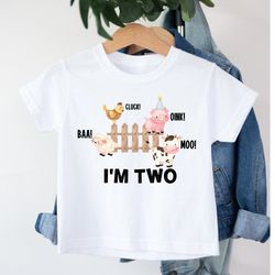 cluck oink baa moo im two birthday shirt, 2nd birthday shirt, farm bi