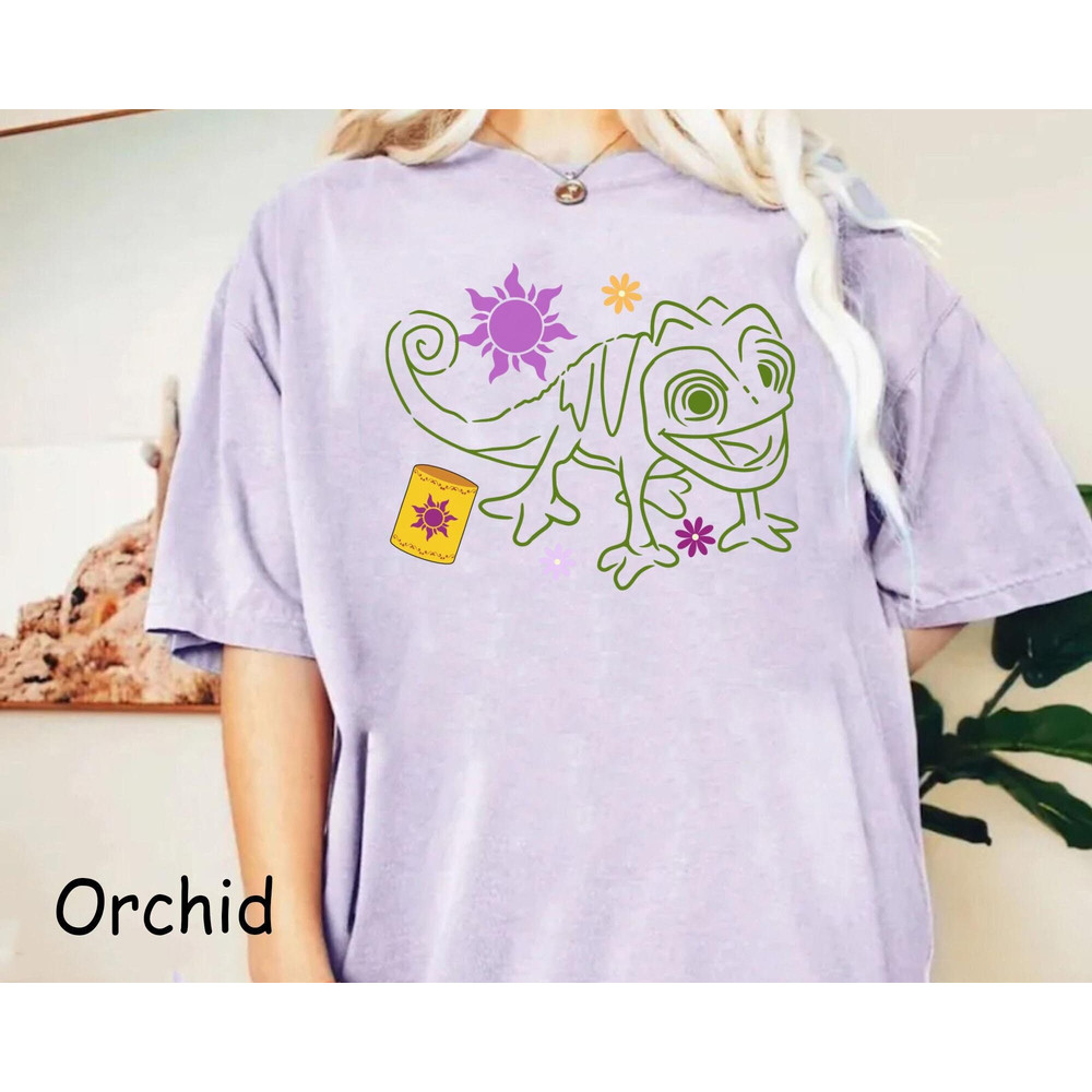 Cute Pascal Tangled Flower Sundrop Lantern Comfort Colors Shirt, Disney Tangled Washed T-shirt, Disneyland Trip, Walt Disney World Outfit.jpg