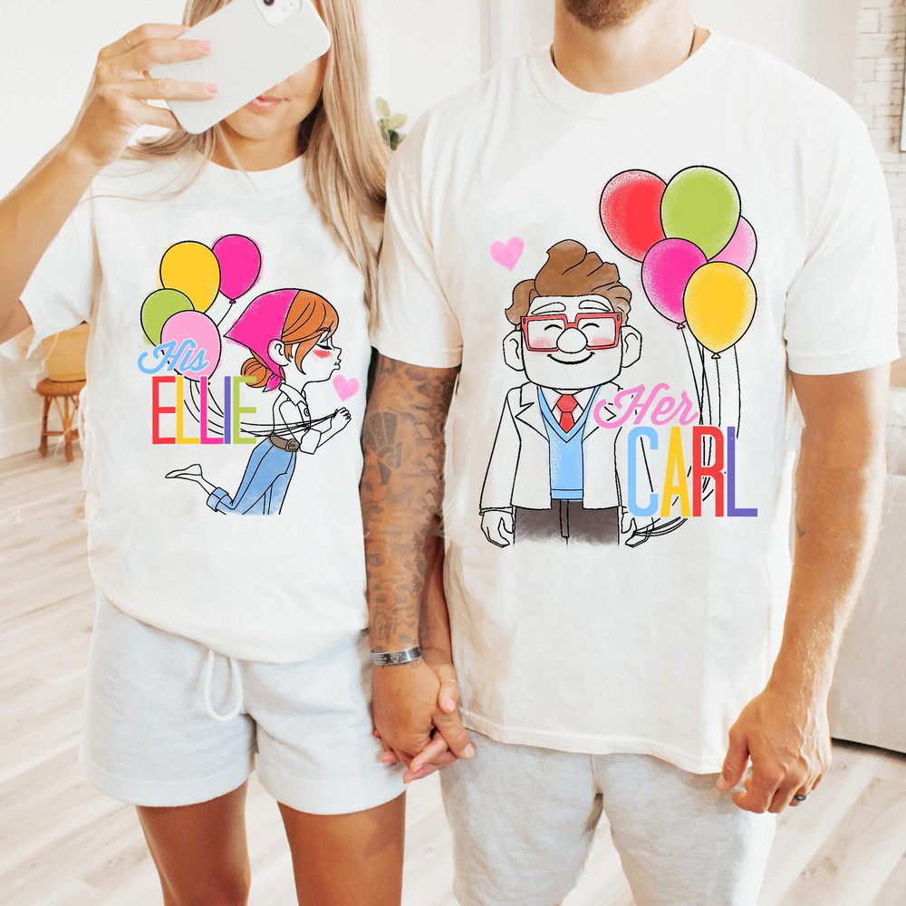 Retro Young Carl and Ellie with Balloons Couple Comfort Colors Shirt, Disney Pixar Up Matching Washed T-shirt, Disneyland Couple Trip.jpg
