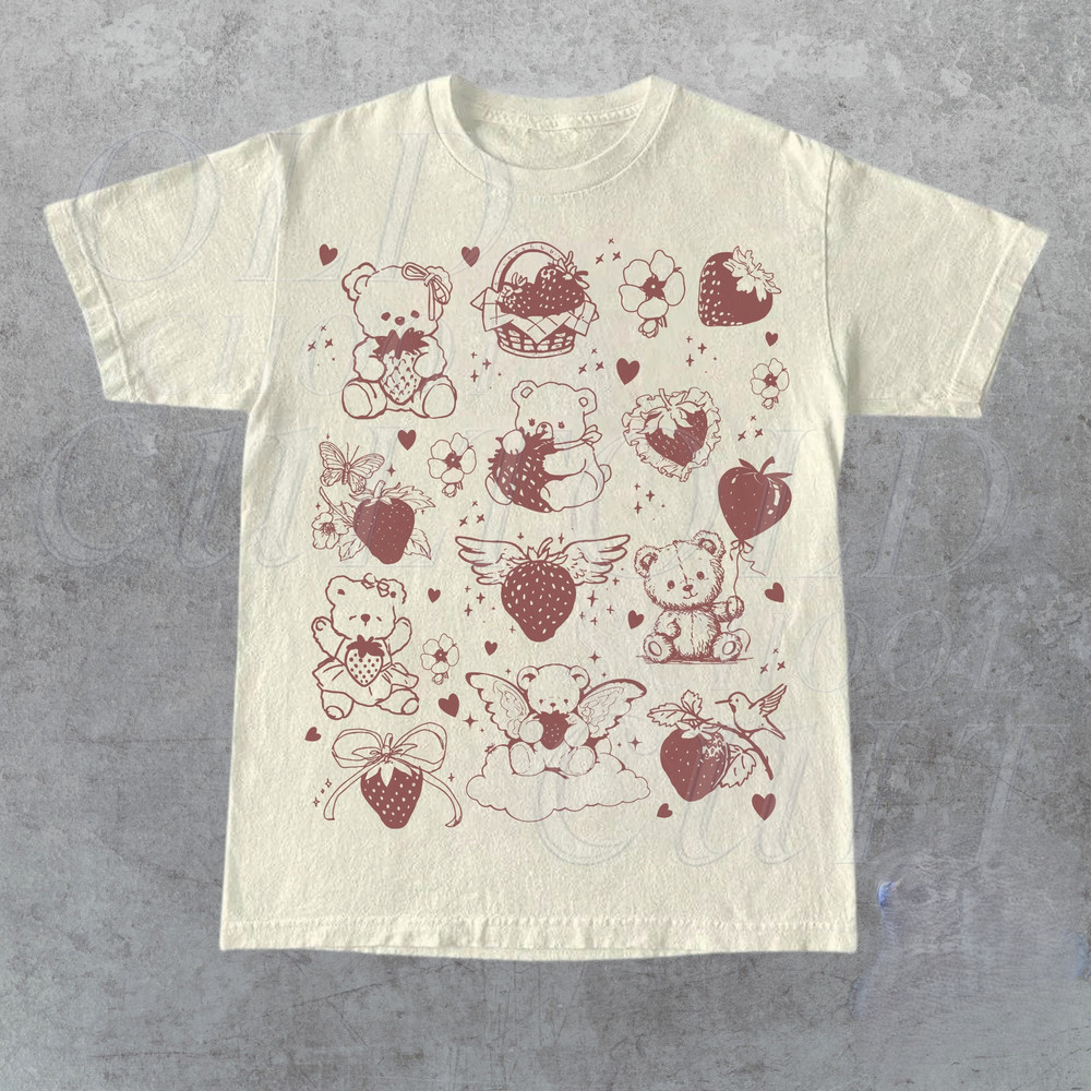 Kawaii Sweet Teddy Bear Strawberry Collage Vintage Graphic Tshirt, Retro Bears With Strawberries Shirt, Funny Gag Shirts, Cute Bear Tee.jpg