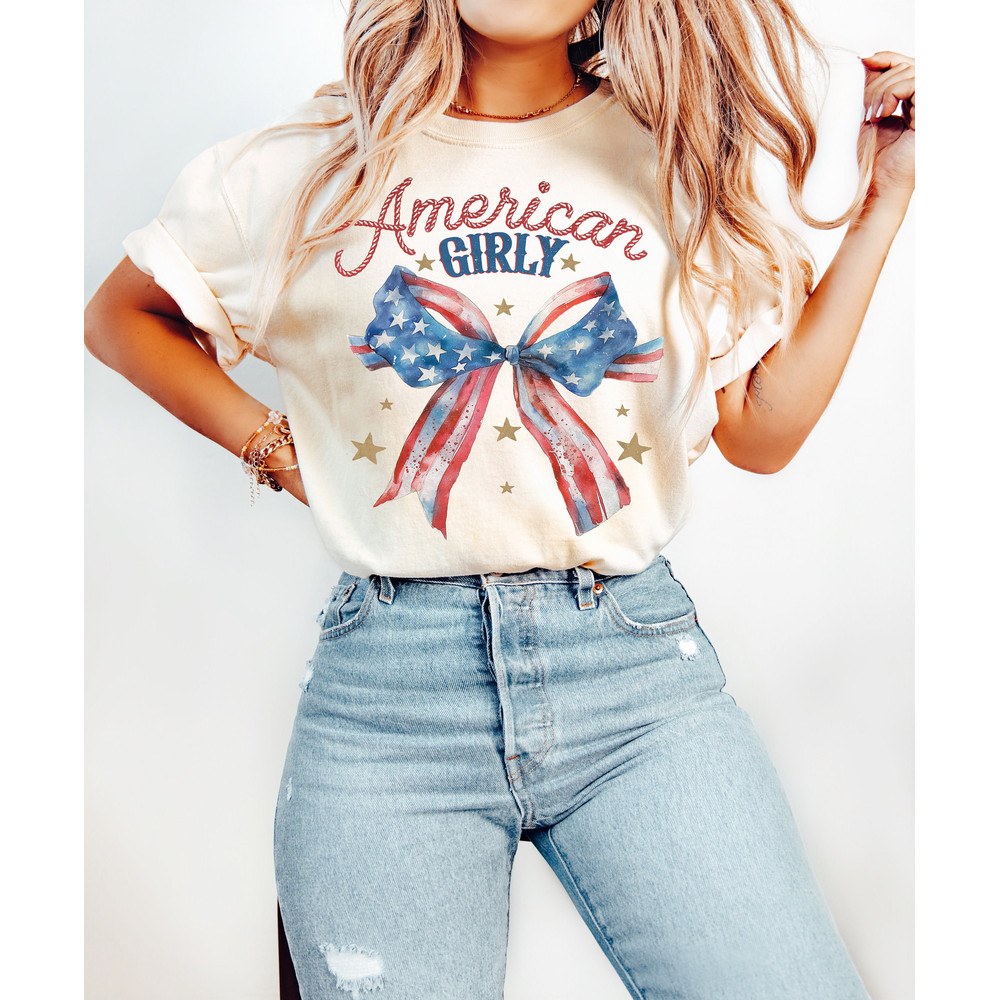 Coquette Bow 4th of July Shirt, American Girly Shirt, USA Flag T shirt, Western Women's Shirt, Retro 4th of July Shirt, Trendy Summer Shirt.jpg