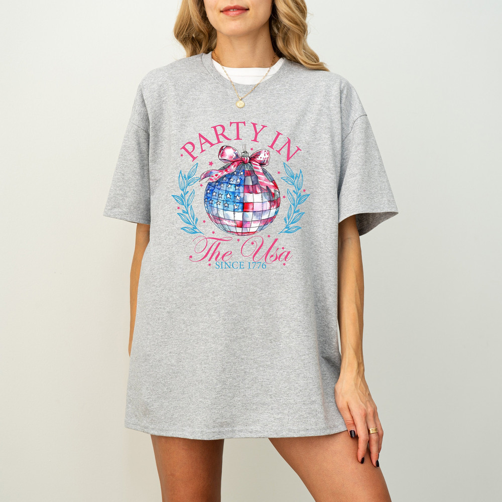 Party In The USA Since 1776 T-Shirt, America Flag Tee, Coquette 4th Of July T-Shirt, Summer BBQ Shirt, Disco Ball Shirt, USA Summer Tee.jpg