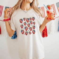 retro strawberry t-shirt, strawberry flags, red white and blue, fourth of july shirt, graphic shirts, summer shirt