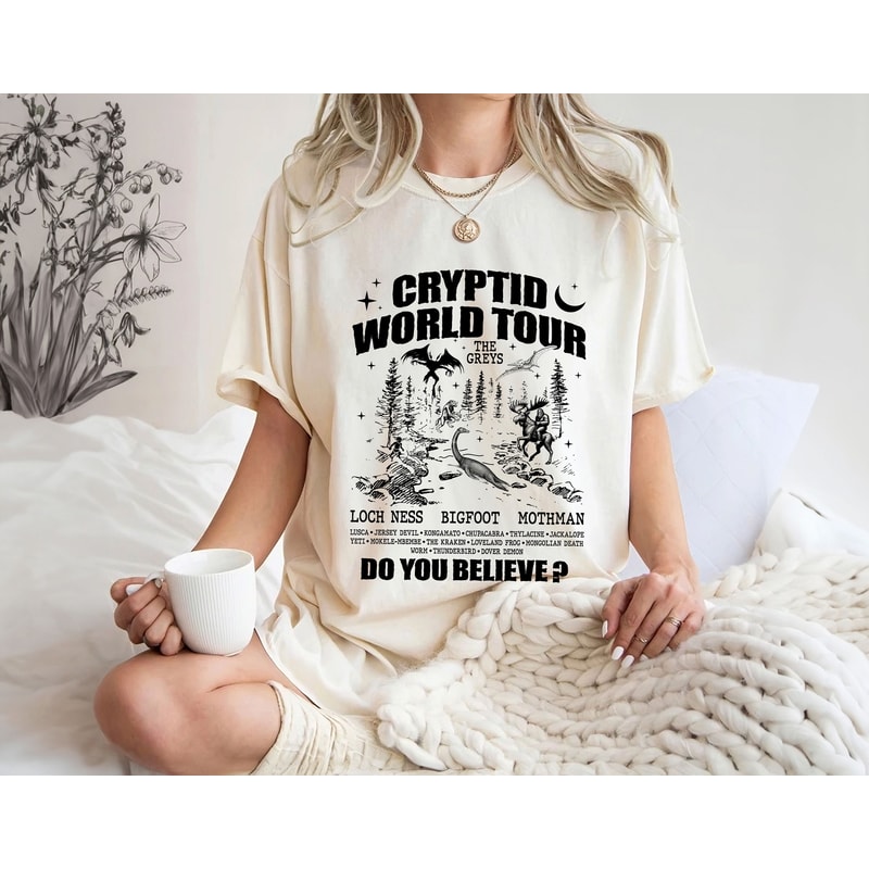 Cryptid World Tour Cryptozoology Shirt, Bigfoot Cryptidcore Tee, I Want to Believe Supernatural Shirt, Folklore Shirt, Jackalope Loch Ness.jpg