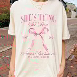 personalized coquette bow bachelorette shirt, custom bachelorette party shirt, shes tying the knot bridal party, custo