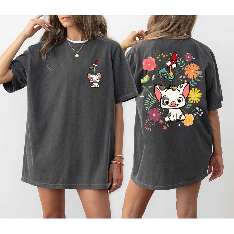 Two sided Retro 70S Floral Pua And Hei Hei Comfort Colors Shirt, Disney Moana T-shirt, Moana Character Tee, Disneyland Family Trip Outfit.jpg