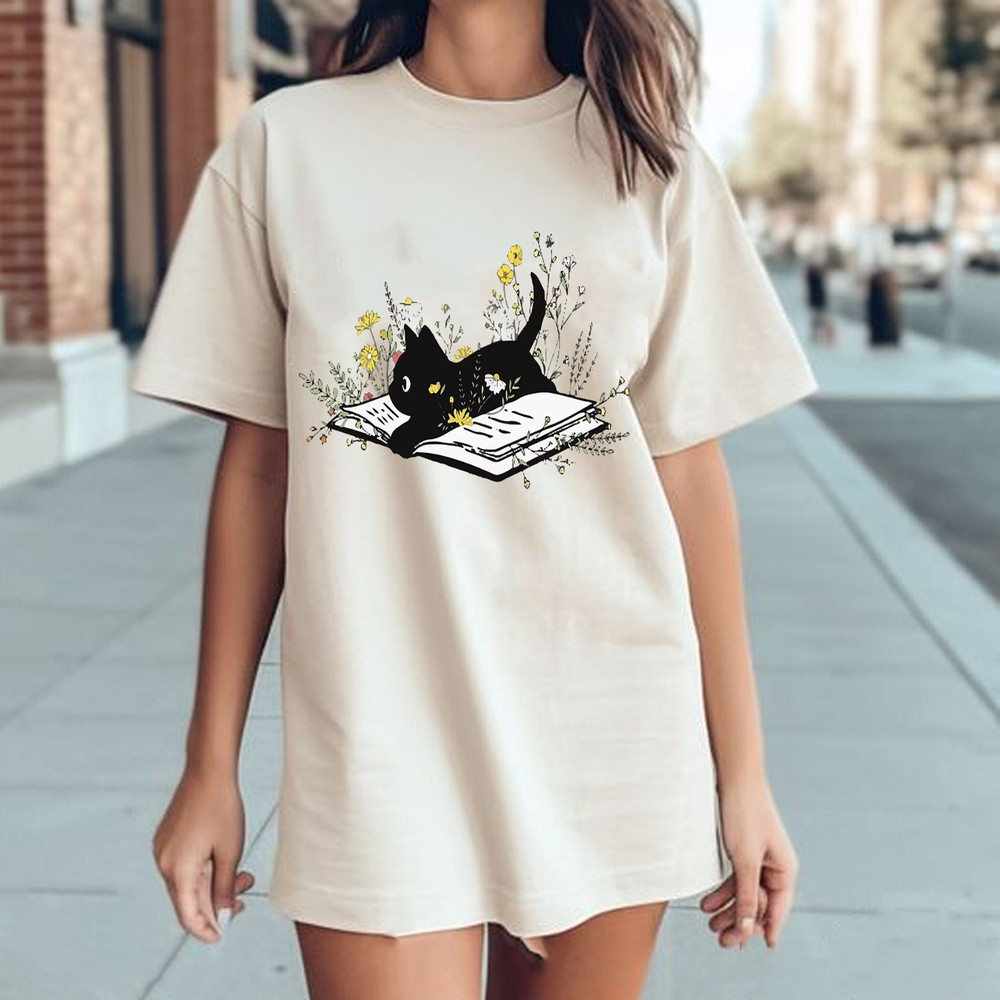 Cat Mom TShirt, Cat Lover Tee, Cute Book Cat Shirt, Floral Book Shirt, Book Lover Sweatshirt, Reader Bookish Tee, Cat Themed Gifts For Women.jpg