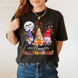 happy hallothanksmas gnomes t-shirt, christmas shirt, funny gnome shirt