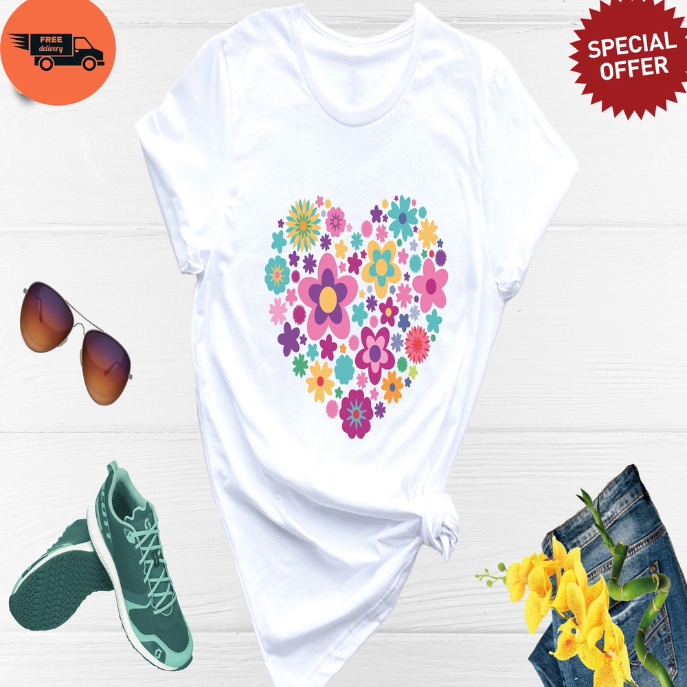 Floral Heart Shirt, Heart Flower T-Shirt, Floral Tank Top, Flower Garden Shirt, Birth Flower Shirt, Plant Lady Tee, Boho Heart Flowers Shirt.jpg