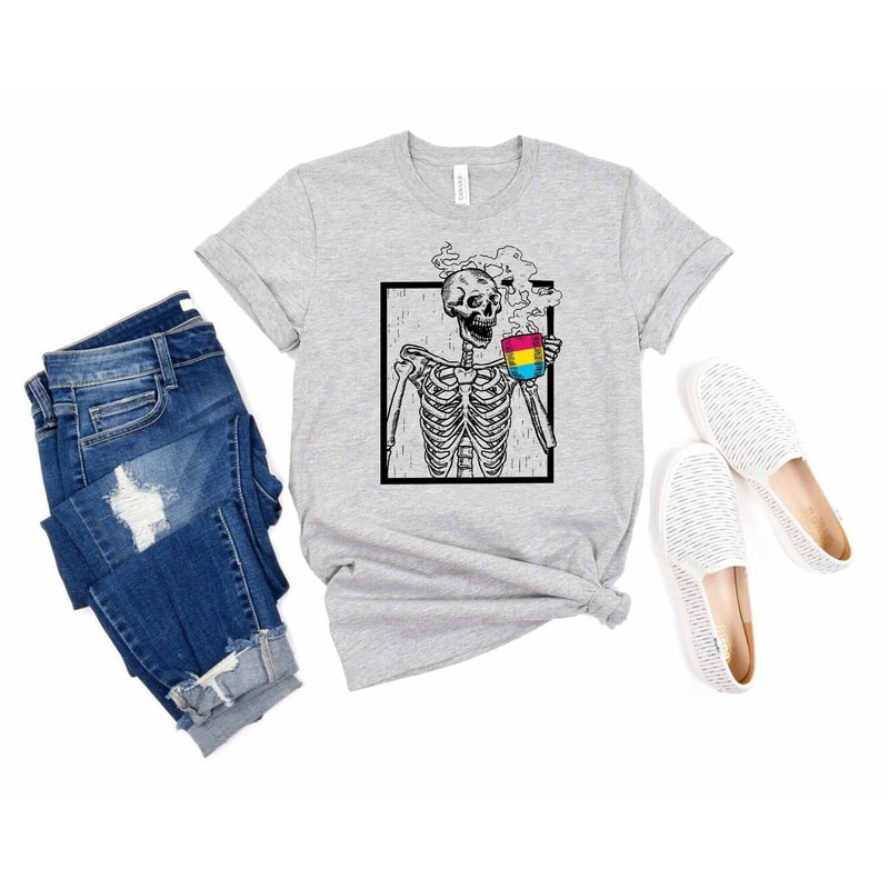 Skeleton Drinking Coffee Pansexual Flag Shirt, LGBTQ Pride Shirt, Pansexual Shirt, Pansexual Outfit, Pansexual Gift.jpg