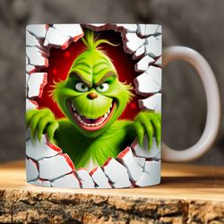 3D Grinch Coffee Mug Wrap, Whimsical Green Character Design in Cracked Wall Hole