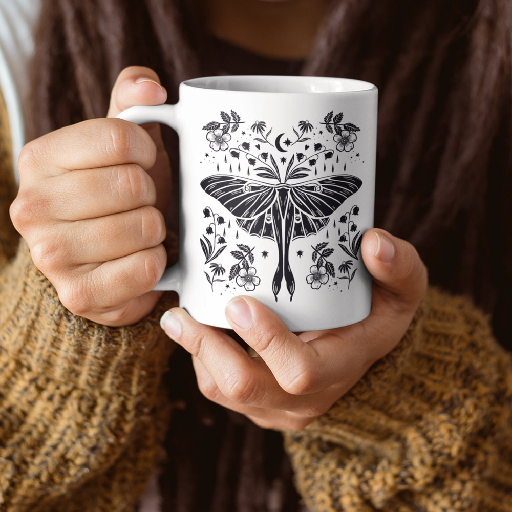 Luna Moth Mug Butterfly Coffee Cup Cottagecore Gift Fairycore Women Adult Lilly of the Valley Witchy Mug Moon Floral Wild Flower Gift Female 1.jpg