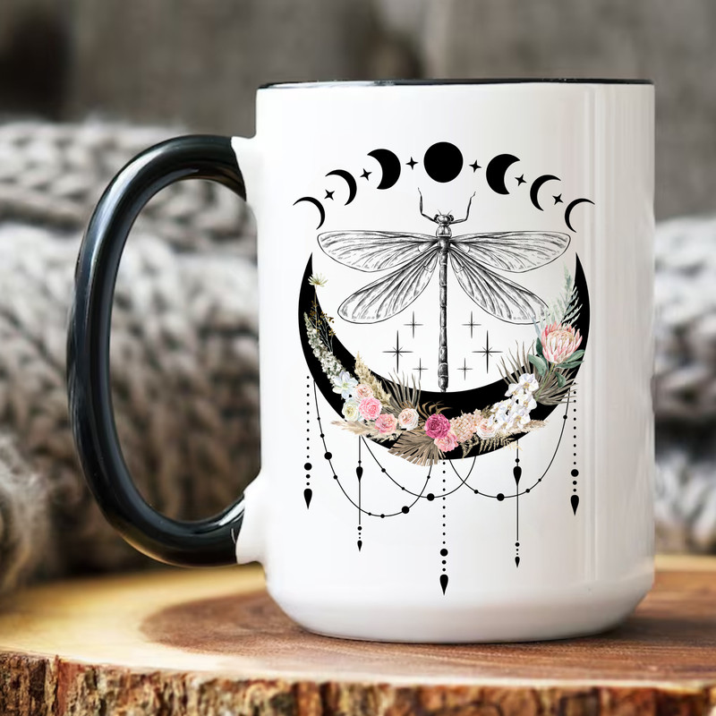 Vintage Dragonfly Coffee Mug Dragonfly Tea Cup Moon Mug Dragonfly Lover Gift for Her Cottagecore Mug Insect Lover Mug Phases of the Moon.jpg