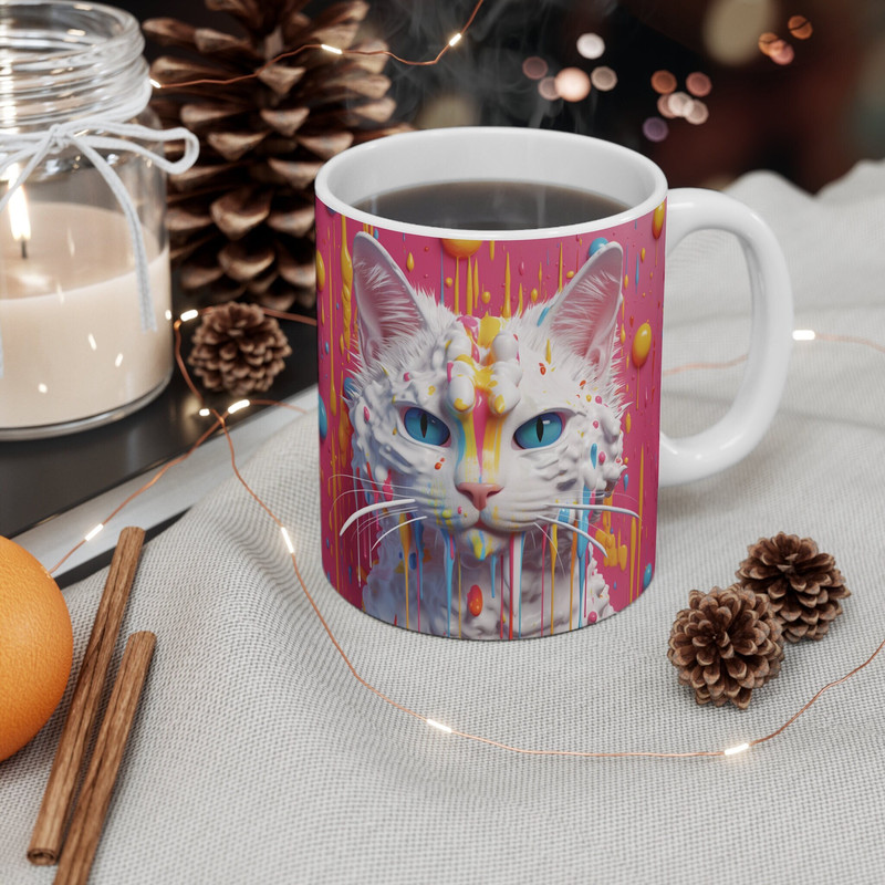 3D White Cat Painting Coffee Mug, 3D Cat Colorful Mug, 3D Animal Mug, 11oz Coffee Mug.jpg