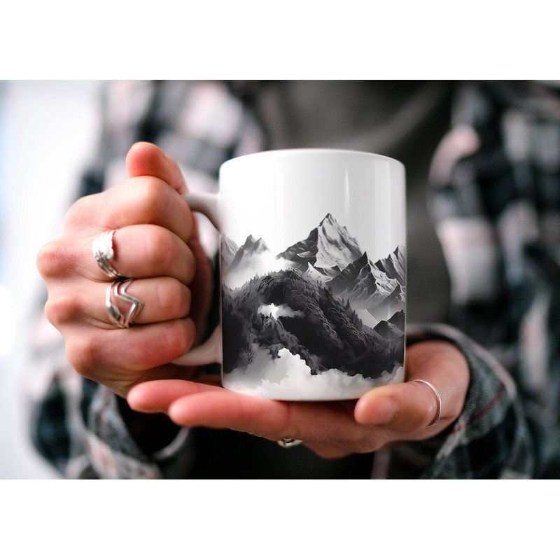 Black and White Mountain Range Mug Nature Inspired Outdoor Design Watercolor Mountain Scene Dad Gift Gift for Nature Lover.jpg