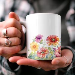 charming zinnia mug, enchanting floral cottagecore mug, bota