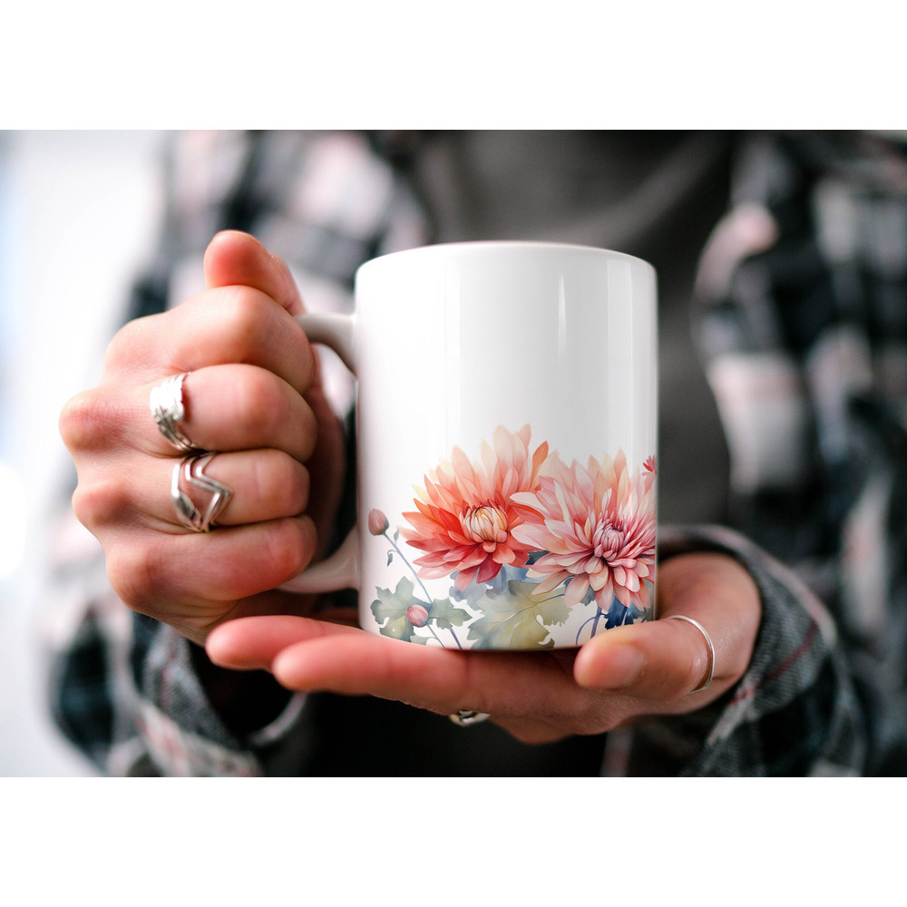 Chrysanthemum Blossom Mug, Enchanting Floral Cottagecore Mug, Botanical Mug, Beautiful Watercolor Chrysanthemum Design, Nature Lover's Gift.jpg