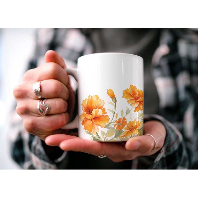 Marigold Blossom Mug, Enchanting Floral Cottagecore Mug, Delicate Botanical Mug, Beautiful Watercolor Marigold Design, Nature Lover's Gift.jpg