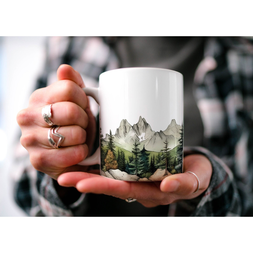 Mountain Pine Coffee Mug Nature Inspired Outdoor Design Watercolor Mountain Scene Dad Gift Hiker Gift Camping Gift Popular Mug.jpg