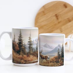 mountains and deer coffee mug nature inspired outdoor desi