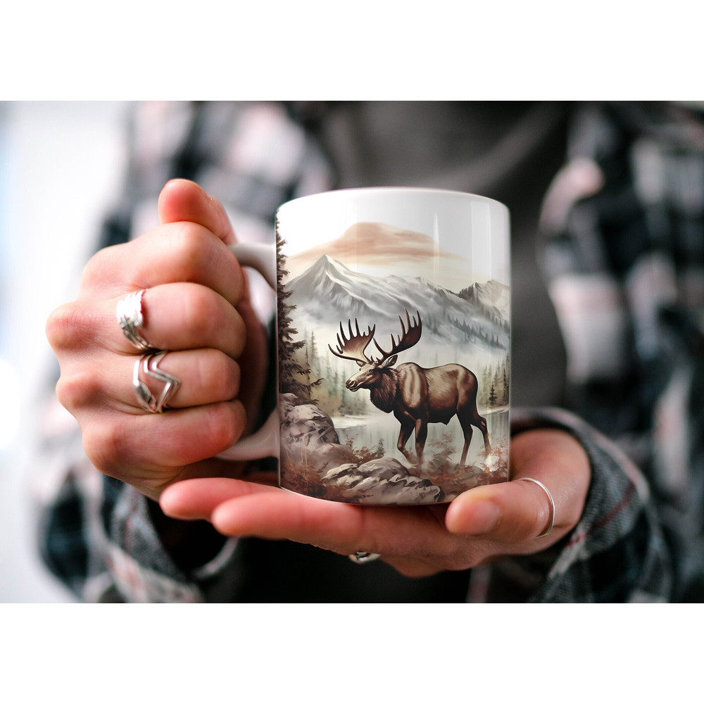Mountains and Moose Coffee Mug Nature Inspired Outdoor Design Watercolor Mountain Scene Dad Gift Nature Lover Gift Hunter Gift.jpg