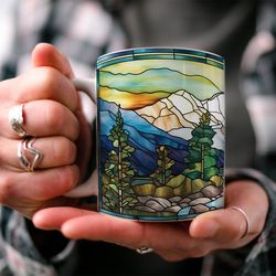 stained glass mountain range coffee mug  nature inspired  ou