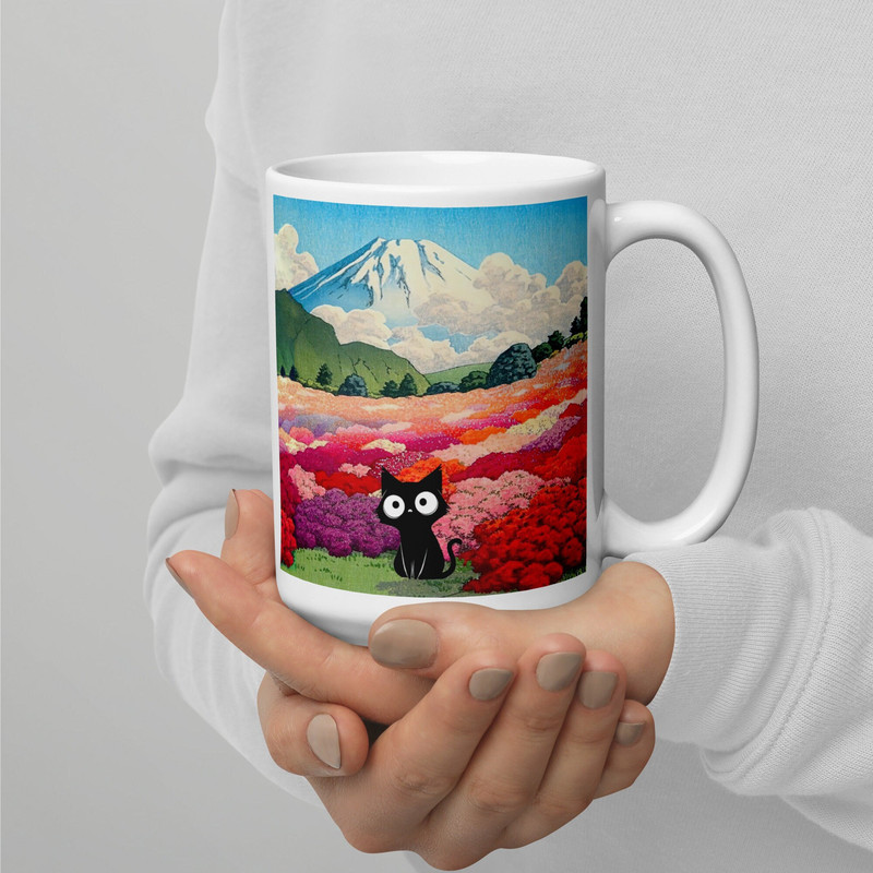 Black Cat Mug Mount Fuji Azalea Garden MugPoster Hasui Kawase Fuji Mountain Art Print Japanese ArtWoodblock Funny Cat Fine Art.jpg