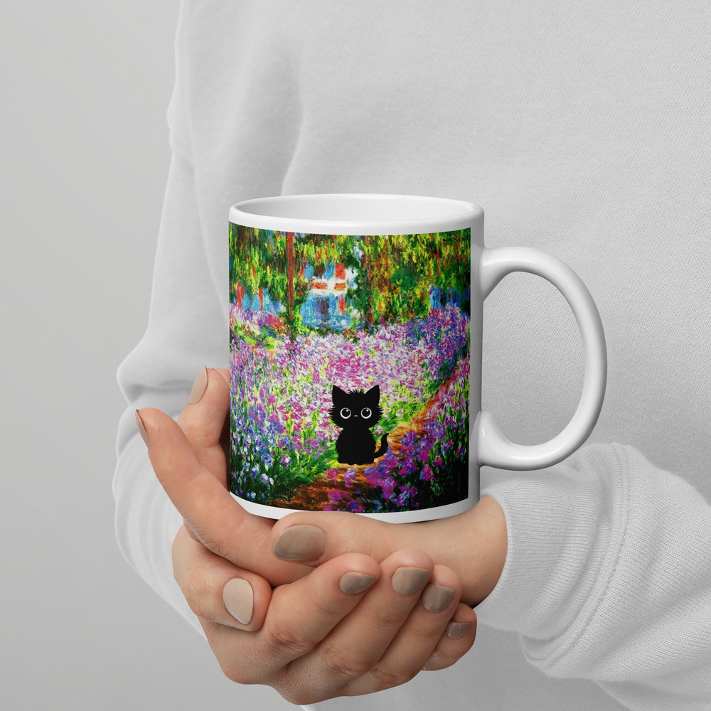 Monet Irises Garden with Black Cat Mug Funny Black Cat Poster Black Cat Art Print Funny Gift.jpg