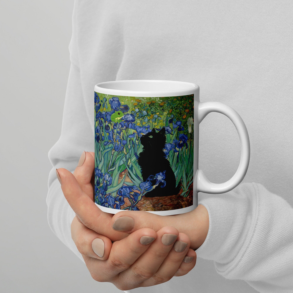 Vincent Van Gogh's Irises Cat Mug Van Gogh Black Cat Poster Print Funny Black Cat Art Vintage Cat With Frog Fine Art Black Cat in Flowers.jpg