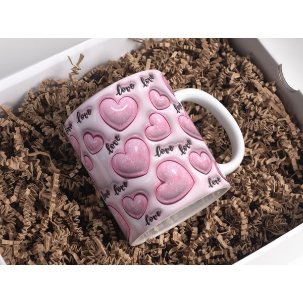 3D Pink Glitter Love Hearts Inflated Mug Wrap Sublimation Design 11oz & 15oz, Puffy Valentine's Day Hearts Mug PNG, Mug Sublimation Designs.jpg