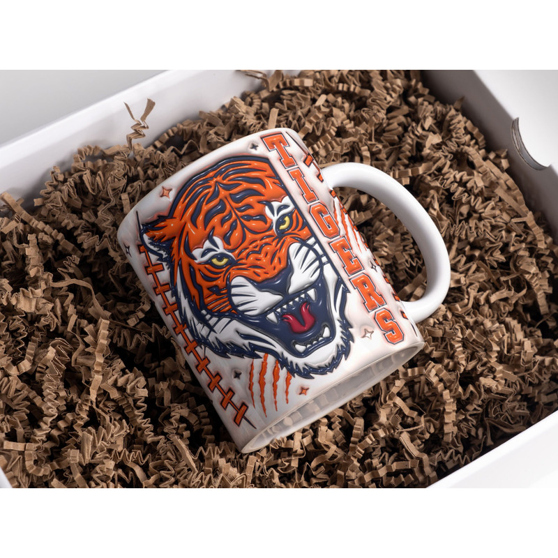 3D Blue-Orange Tigers Inflated Mug Wrap Sublimation Design 11oz & 15oz, Puff Football Team Mug PNG, Mug Template For Sublimation.jpg