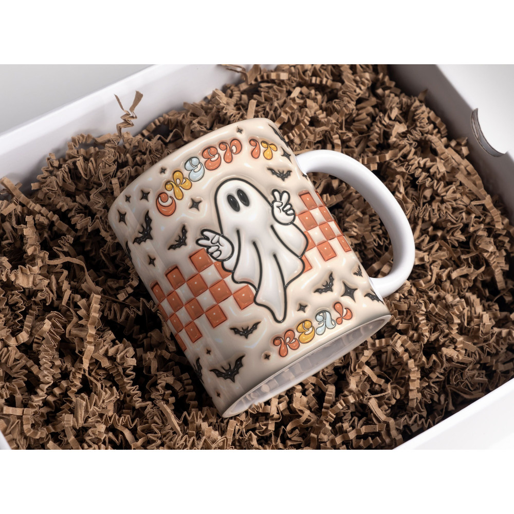 3D Retro Halloween Inflated Mug Wrap Sublimation Design 11oz & 15oz, 3D Puff Ghost Mug PNG, Mug Template For Sublimation.jpg