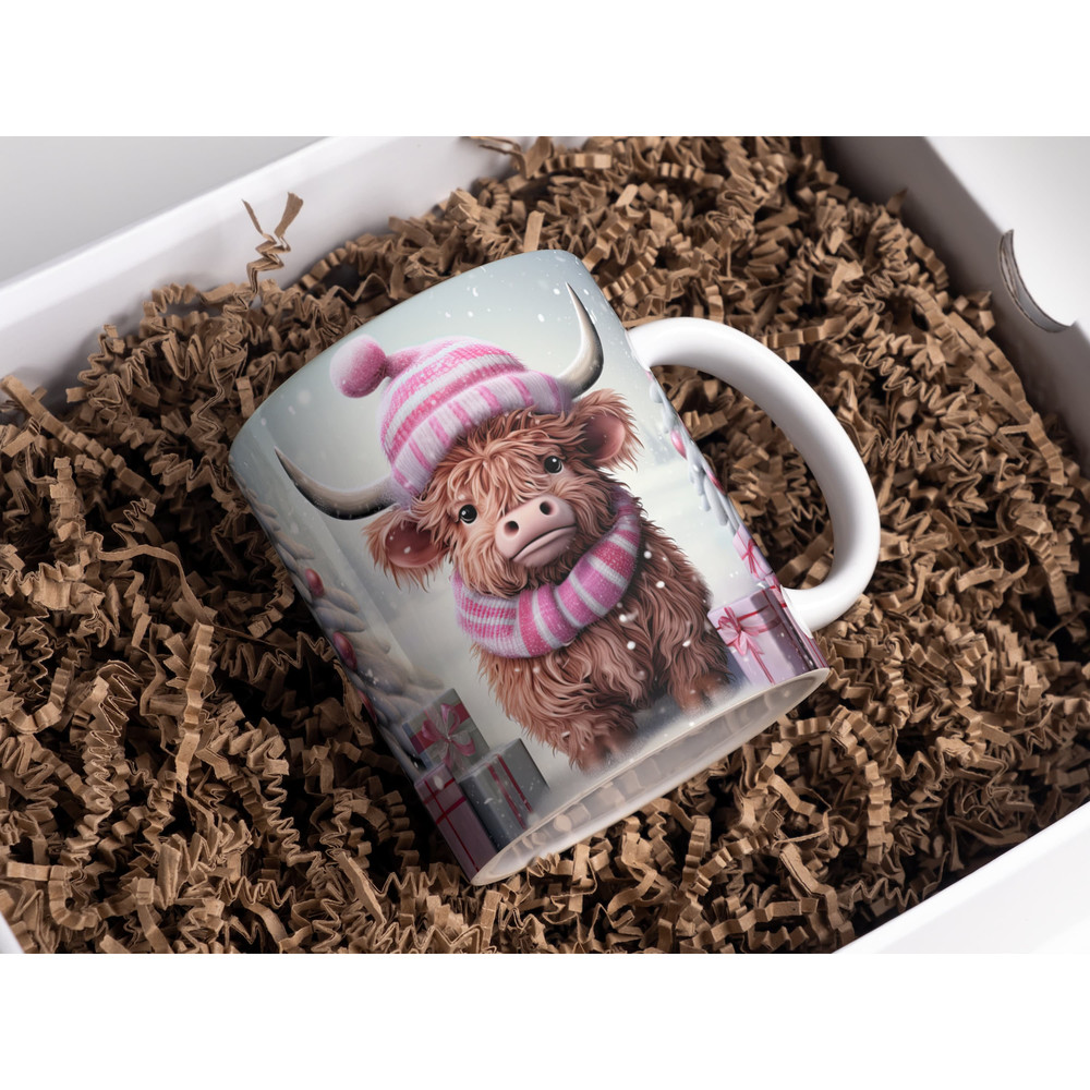 3D Funny Pink Christmas Highland Cow Mug Wrap Sublimation, 11oz and 15oz 3D Mug Wrap Designs, 3D Xmas Mug Sublimation PNG Template Design.jpg