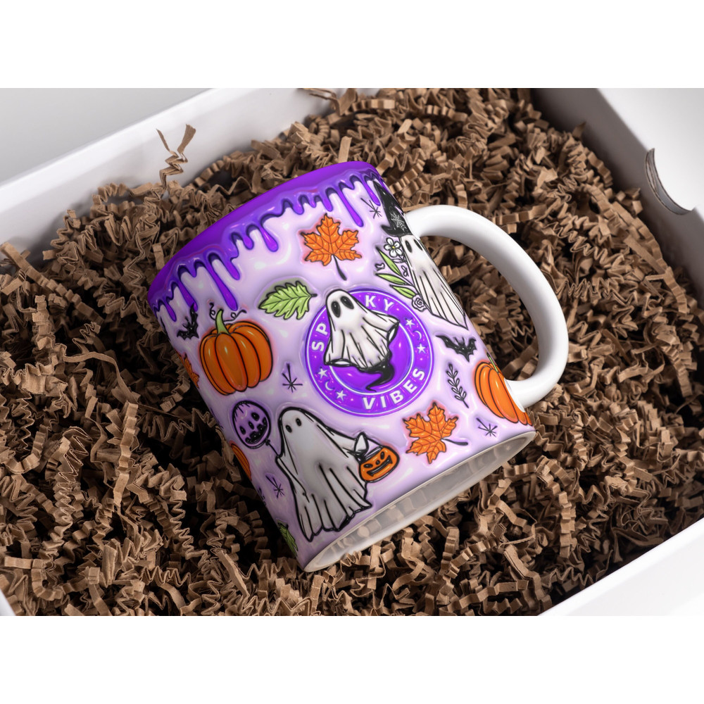 3D Purple Spooky Vibes Inflated Mug Wrap Sublimation Design 11oz & 15oz, Puff Ghost Mug PNG Sublimation Designs, Template For Sublimation.jpg