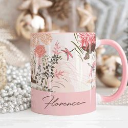 pink personalised name mug, dragonfly personalised mug custom name cup, coffee c