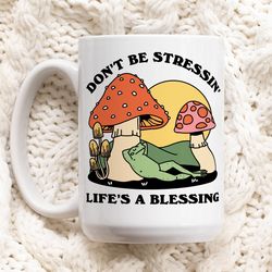 colorful mushroom frog coffee mug, positive quote, retro ceramic cup, hippie quo
