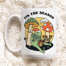 cute frog christmas mug, festive tis the season christmas cup, hot chocolate mug