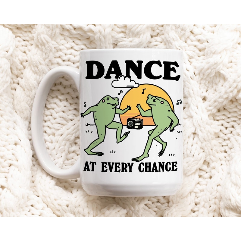 Dancing Frog Coffee Mug, Positive Quote Ceramic Cup, Frog Lover Gift, Friend Colleage Gift Idea, Cottagecore Froggy Mug, Cute Novelty Gift.jpg
