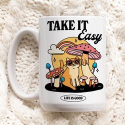 colorful cat mushroom coffee mug, positive quote, retro ceramic cup, hippie quot