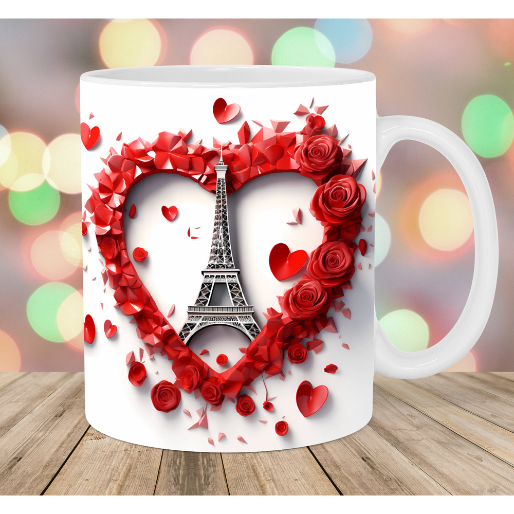 3D Eiffel Tower Mug Wrap, 11oz And 15oz Mug Template, Mug Sublimation Design, Heart Mug Wrap Template, Instant Digital Download PNG.jpg