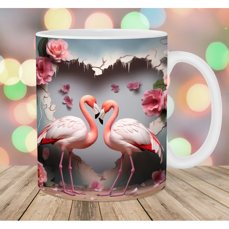 3D Flamingo Hole In A Wall Mug Wrap, 11oz & 15oz Mug Template, Mug Sublimation Design, Heart Mug Wrap Template, Instant Digital Download PNG.jpg