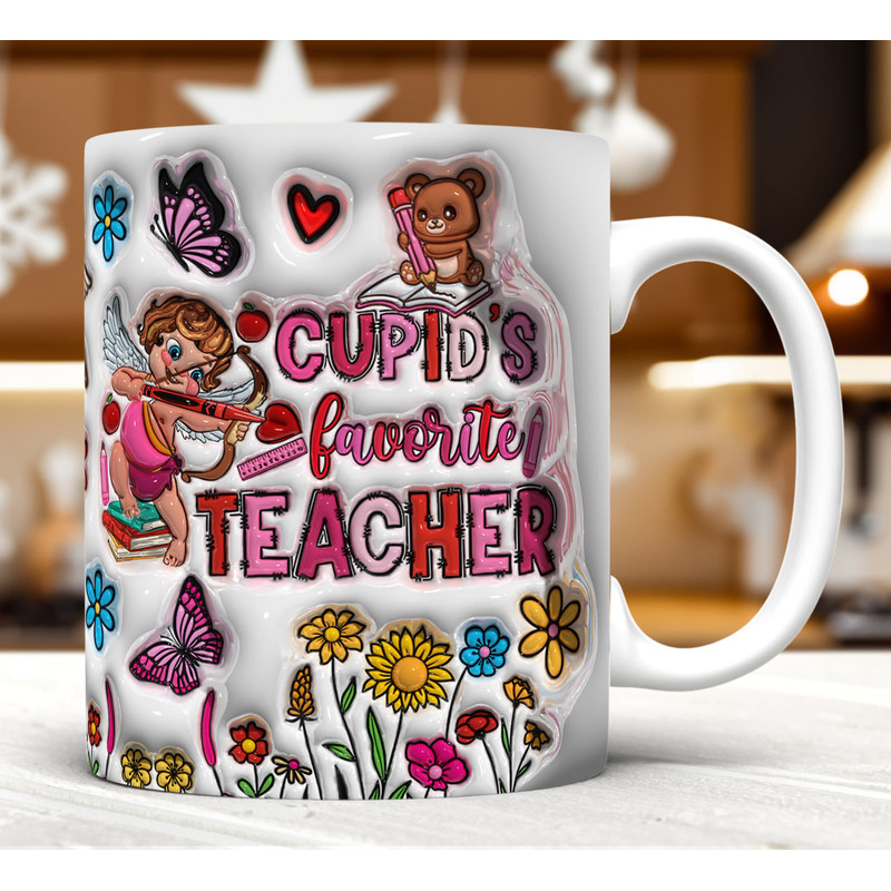 3D Inflated Cupid's Favorite Teacher Mug Wrap PNG, 3D Teacher Valentines Puffy Mug Wrap, Best Teacher Ever, Teacher's Day, Back To School.jpg