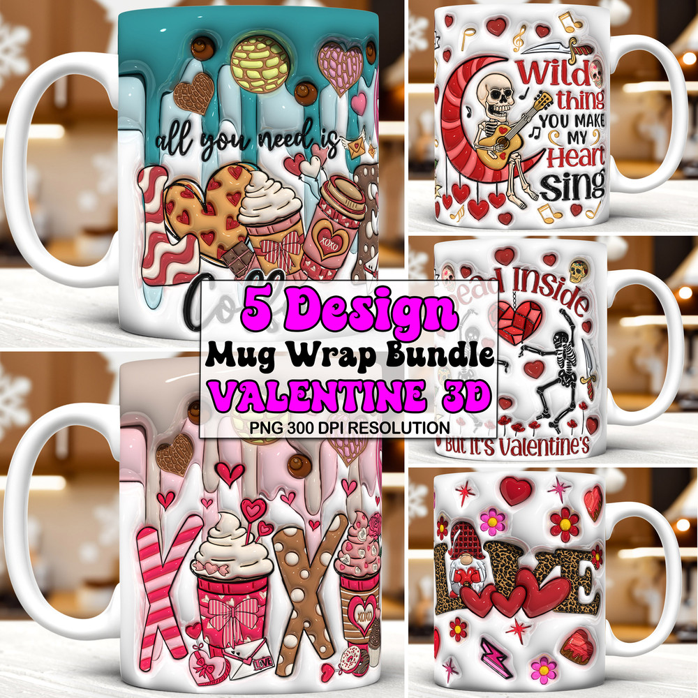 3D Inflated Valentine Coffee Bundle Mug Wrap PNG, 3D Valentine Drinks Puffy Mug Wrap PNG, Xoxo Leopard, Coffee Png, Valentine's Day Skeleton.jpg
