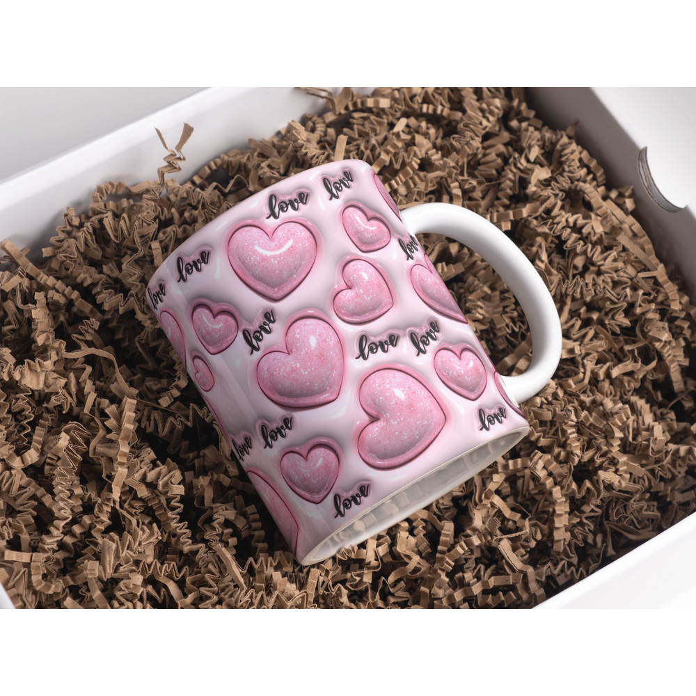 3D Pink Glitter Love Hearts Inflated Mug Wrap Sublimation Design 11oz & 15oz, Puffy Valentine's Day Hearts Mug PNG, Mug Sublimation Designs.jpg