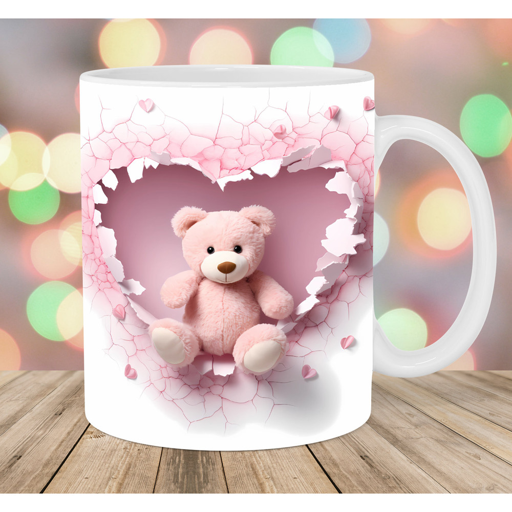 3D Teddy Bear Mug Wrap, 11oz & 15oz Mug Template, Hole In A Wall Mug Sublimation Design, Heart Mug Template, Instant Digital Download PNG.jpg