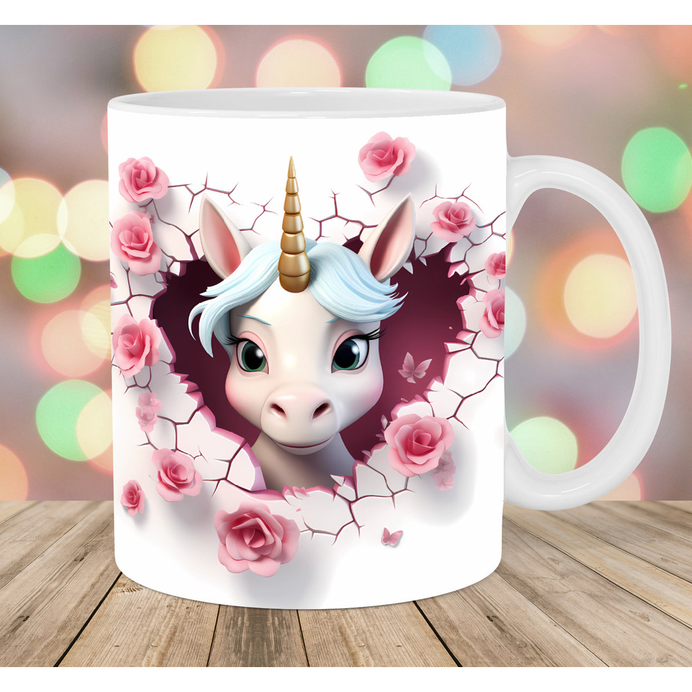 3D Unicorn Mug Wrap, 11oz & 15oz Mug Template, Flower Mug Sublimation Design, Hole In A Wall Mug Wrap Template, Instant Digital Download PNG.jpg